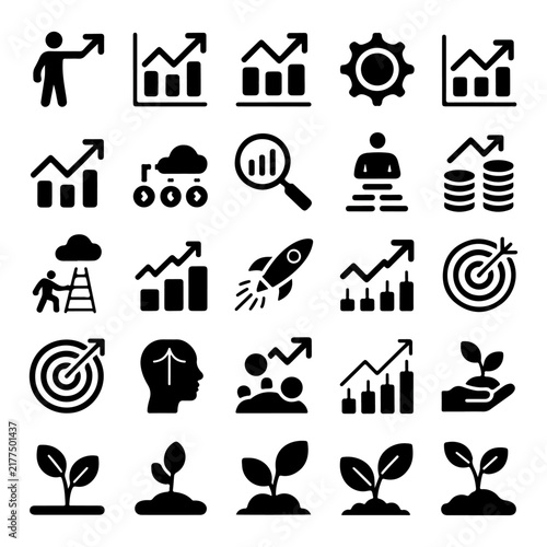 Business growth financial success and development icons set.