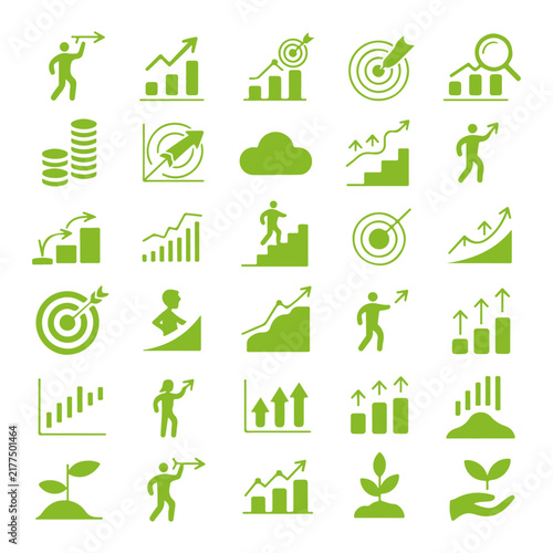 Business growth financial success and development icons set.