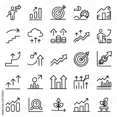 Business growth financial success and development icons set.