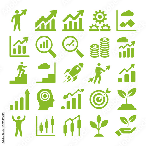 Business growth financial success and development icons set.