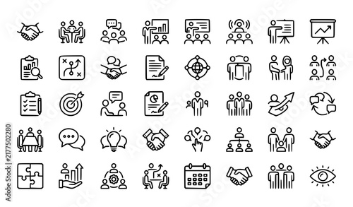 Business Cooperation Partnership Briefing Planning and Communication Monoline Icons