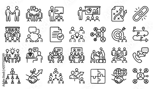 Business Cooperation Partnership Briefing Planning and Communication Monoline Icons