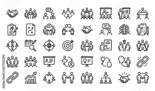 Business Cooperation Partnership Briefing Planning and Communication Monoline Icons
