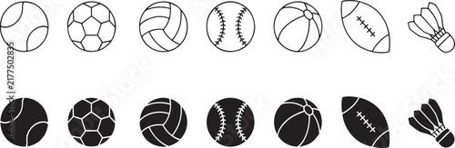 Sports Ball Icon Set with Black and White Ball Illustrations Vector Collection