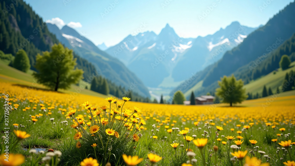 Fototapeta premium Golden Meadow Sunrise Landscape with Alps