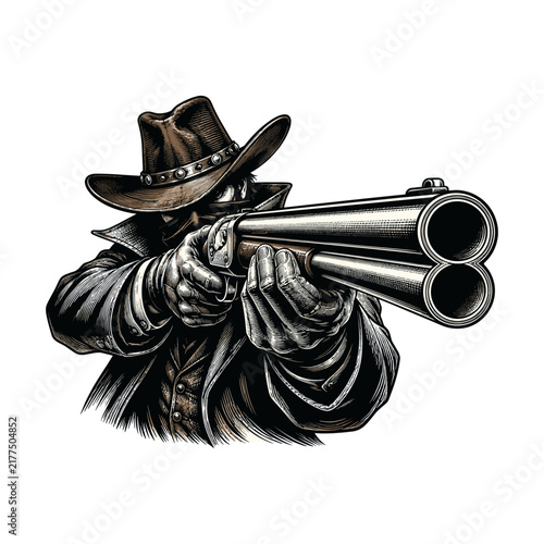 Vintage Cowboy Outlaw Aiming Double-Barrel Shotgun Engraving Vector, Hand drawn sketch vector