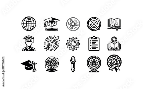 Collection of education and online learning themed vector icons featuring a globe, graduation cap, diploma, graduate, academic target, knowledge network, online education, globe and microphone pen. 