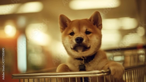 Gentle pup seated in trolley, subtle corridor neon blur, calm citrus-toned lighting, impeccably clean lines