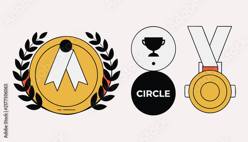 Gold medal with laurel wreath, circle award set, 3d golden winner badge medallion .vector icons
