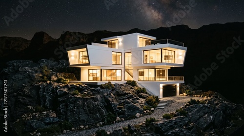 Modern White House on Rocky Cliff at Night