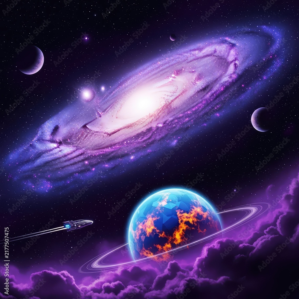 Fototapeta premium A breathtaking deep purple night sky filled with glowing stars and distant planets, evoking a sense of wonder at the vast cosmic universe, digital art, texture, glowing