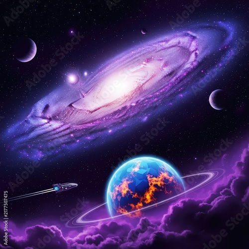 A breathtaking deep purple night sky filled with glowing stars and distant planets, evoking a sense of wonder at the vast cosmic universe, digital art, texture, glowing