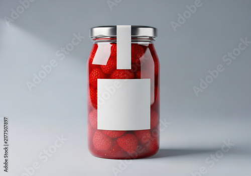 Clear Glass Jar Filled With Fresh Ripe Red Strawberries And Blank Label