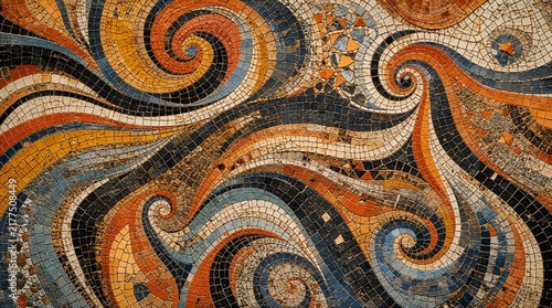 Abstract swirling mosaic pattern with colorful ceramic tiles and decorative spiral ornament background