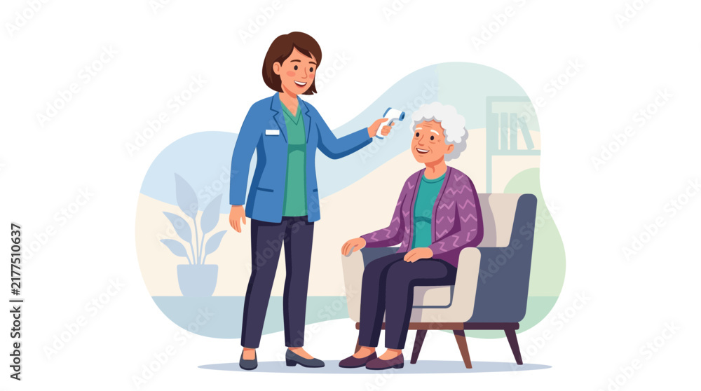 Fototapeta premium Nurse checking elderly woman's temperature with infrared thermometer, healthcare and wellness concept