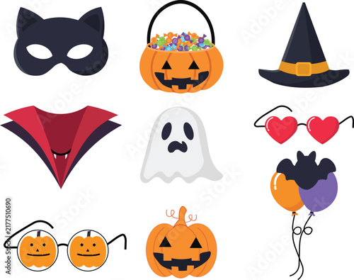 Halloween icon collection, cute festive pumpkin, cat mask, witch hat, vampire collar, ghost, heart glasses, balloons
