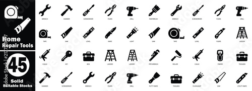 Bild auf Leinwand Home repair tools: a set of black solid icons set on a transparent background for hardware retail stores and carpentry handymen