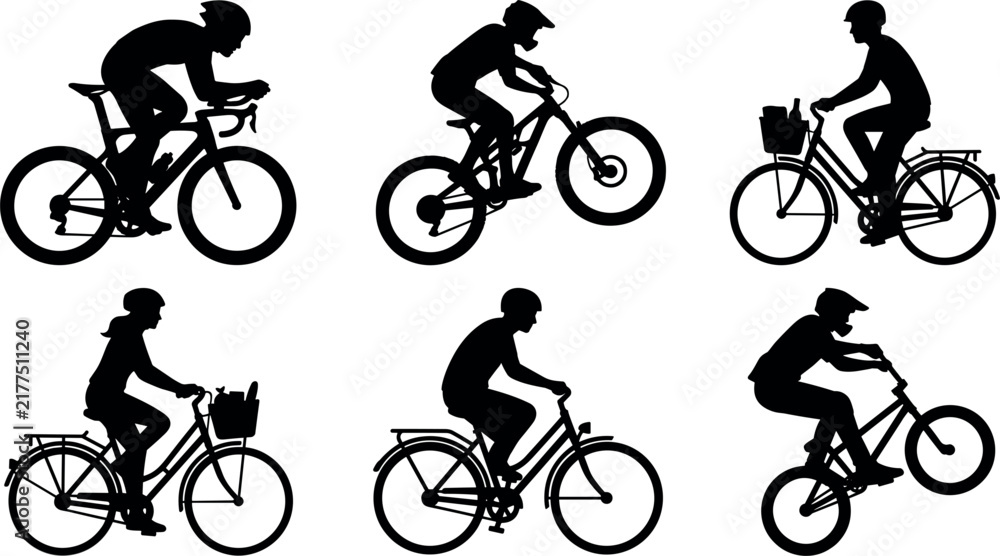 Obraz premium Set of silhouettes of people riding different types of bicycles
