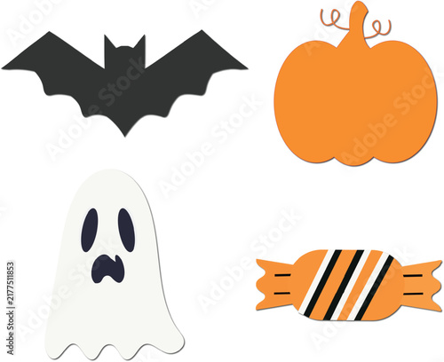 Halloween themed bat pumpkin ghost and candy illustrations, cute spooky flat vector style for seasonal greeting cards and stickers