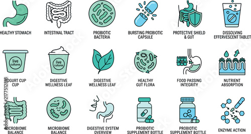 Gastrointestinal Health and Probiotic Supplement Line Icon Set Featuring Healthy Stomach Intestinal Tract Microflora Bacteria Yogurt Cup Nutrient Absorption And Enzyme Action