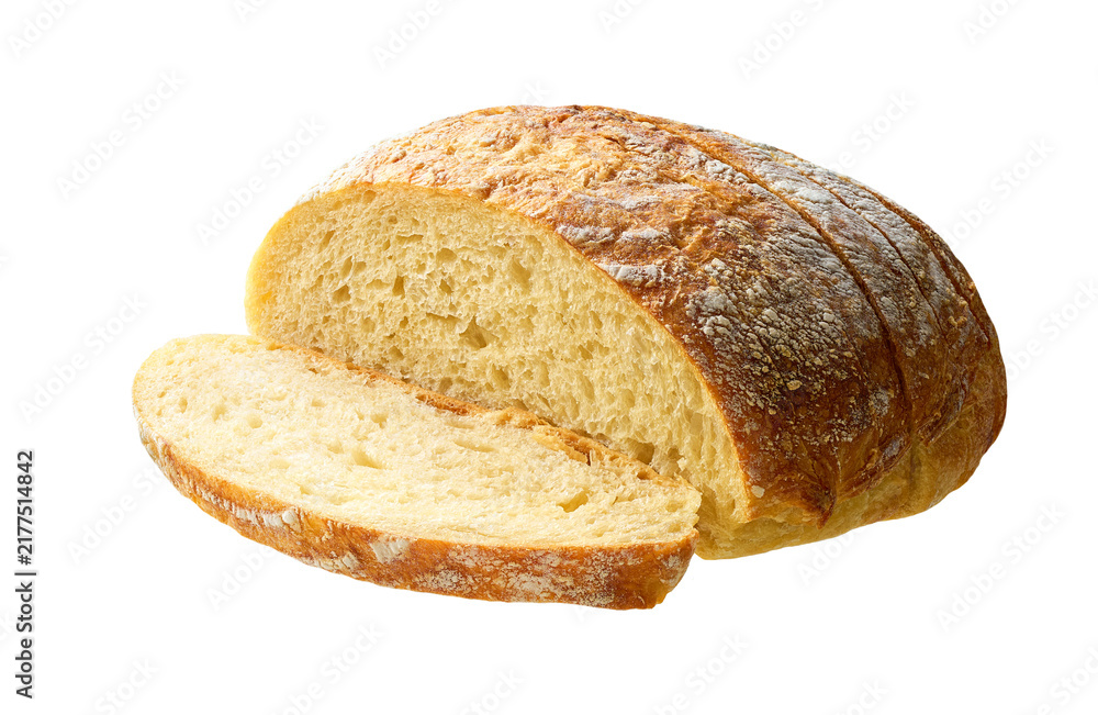 Obraz premium sliced wheat rustic bread with sourdough isolated on white background.