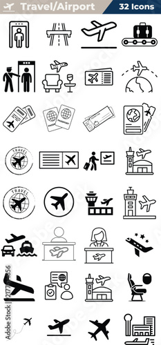 Airport web icon set in linear style, flight line icons, plane, airplane, airline, boarding pass, tickets, baggage, seat, aerodrome, traveler, duty free, customs, immigration, pilot, editable stroke