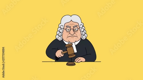 A 2D cartoon judge wearing a white powdered wig and black robe holding a wooden gavel and pounding it down on a desk, presented against a vibrant yellow studio backdrop. Great for legal service advert