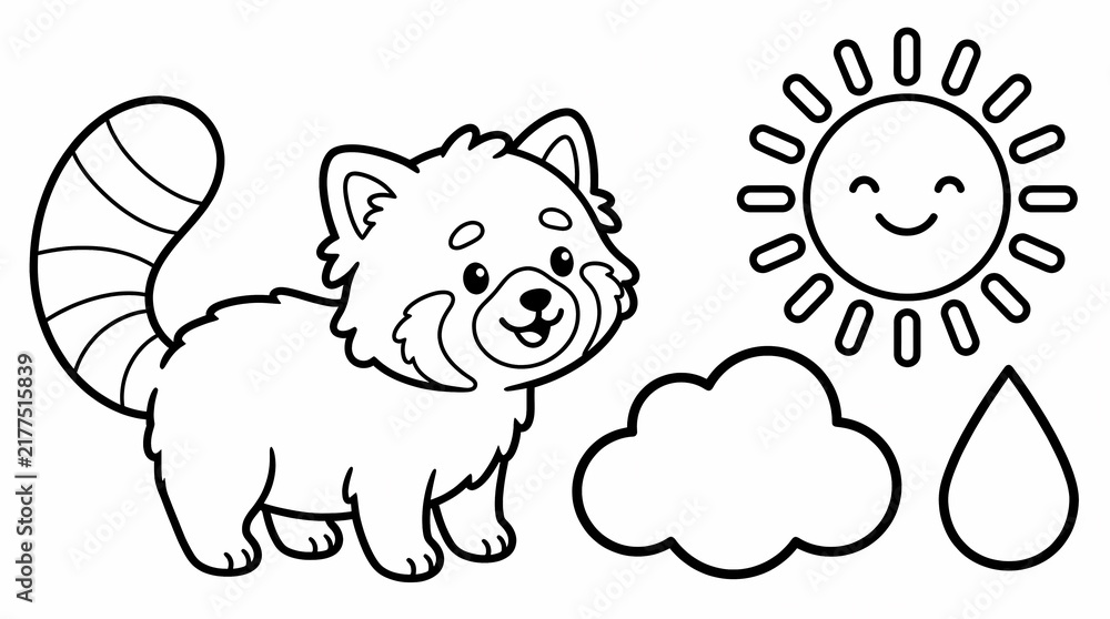 Fototapeta premium Cute cartoon red panda coloring page with sun and cloud.