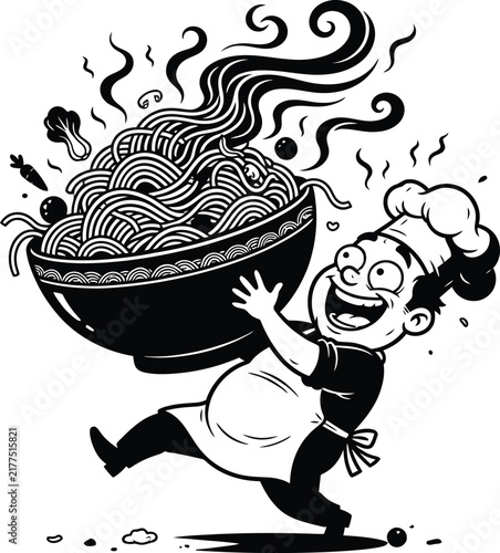 Chef Carrying Noodle Bowl Funny Cartoon Character