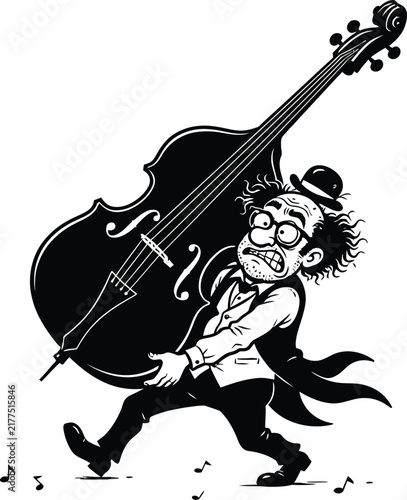 Musician Carrying Double Bass Funny Cartoon Character