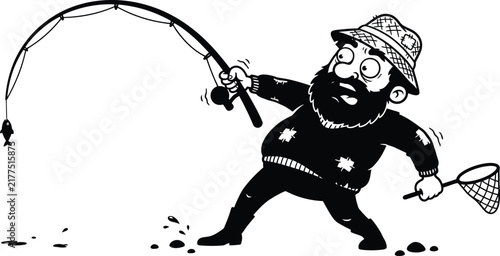 Fisherman Catching Fish Black Silhouette Character