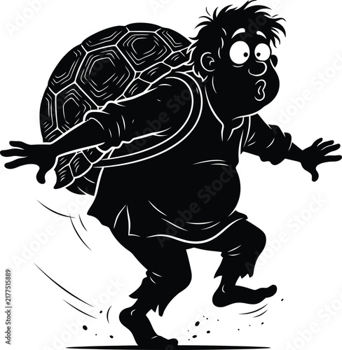 Funny Man Carrying Turtle Shell Black Silhouette Character