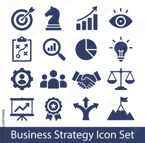 Business strategy set of web icons in silhouette. Business solutions icons for web and mobile app. Action List, research, solution, team, marketing, startup, advertising, business process, management