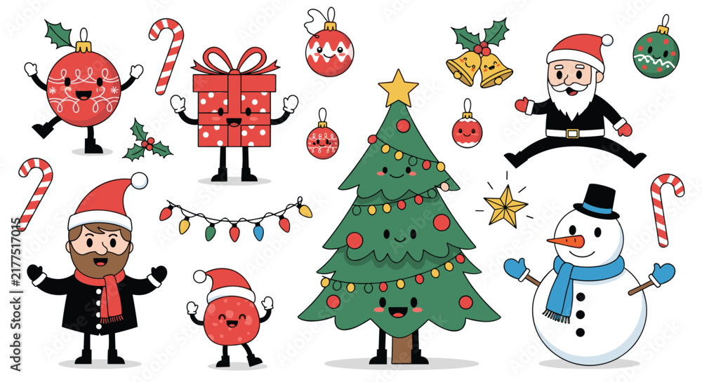 Fototapeta premium Cute cartoon Christmas elements set featuring a smiling pine tree, Santa Claus, snowman, gifts, and ornaments with faces.