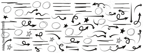 set of artistic black arrow, underline, circle. hand drawn doddle arrow star for card, poster, banner.