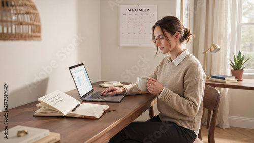 Woman working remotely on a laptop at a wooden desk in a cozy home office