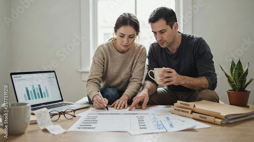 Couple working together at wooden desk reviewing financial documents