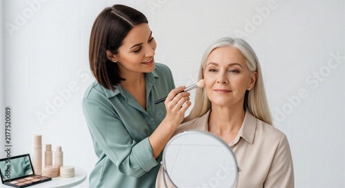 Professional bridal makeup trial scene featuring artist testing colors and planning natural wedding look with client before special event.