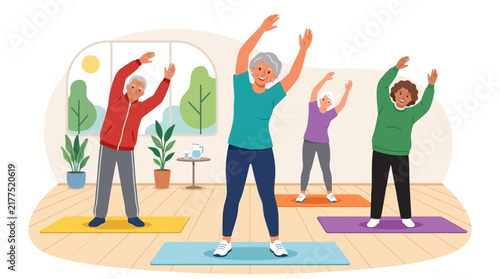 Diverse group of seniors participating in a yoga or exercise class, promoting health and wellness.