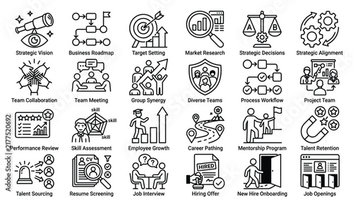 Thin line human resources and business management vector icon set outlines concepts like strategic vision, target setting, and talent acquisition.