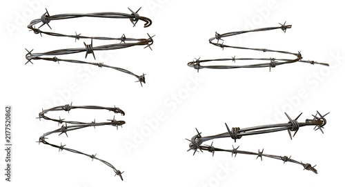 Obraz na plátně Set of rusty metal barbed wire coils and sharp security wire pieces for prison b
