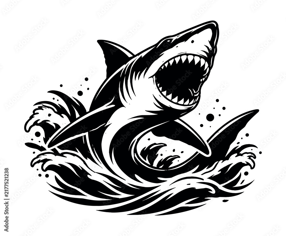 Fototapeta premium Aggressive shark breaching water with open mouth and sharp teeth illustration