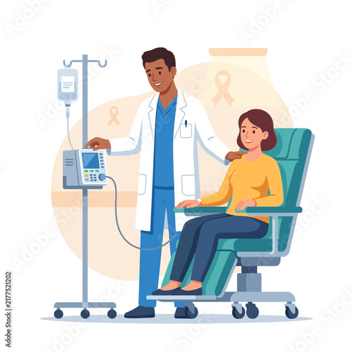 Doctor Comforting Patient Receiving Chemotherapy Treatment, Cancer Care Concept