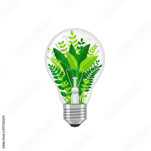A minimalist flat design illustration of a glass lightbulb containing lush green leaves and sprouting plants to represent creative growth, electricity, environment, idea