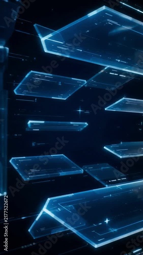 Glowing blue digital panels floating in futuristic motion video showing complex data architecture and network connectivity