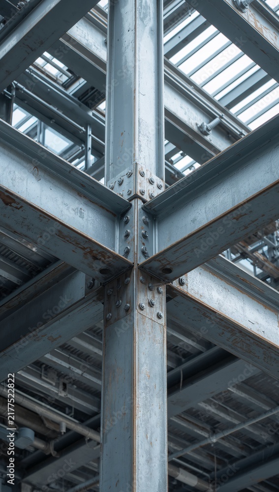 Obraz premium Heavy industrial steel frame construction with bolted girders and metal columns supporting modern warehouse ceiling.
