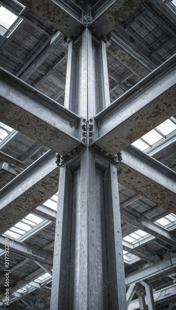 Obraz premium Heavy industrial steel frame construction with bolted girders and metal columns supporting modern warehouse ceiling.