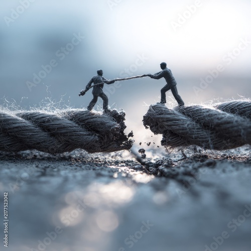 Miniature Figures Pulling Rope to Bridge Gap on Frayed Rope Concept for Communication and Support