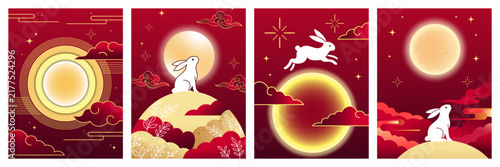 Mid Autumn Festival Red and Gold Poster Set with Moon and Rabbit.