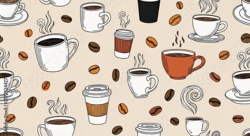 A seamless pattern of hand-drawn coffee doodles featuring cups, beans, and swirling steam on a textured beige background for a warm feel, coffee, roasted, steam